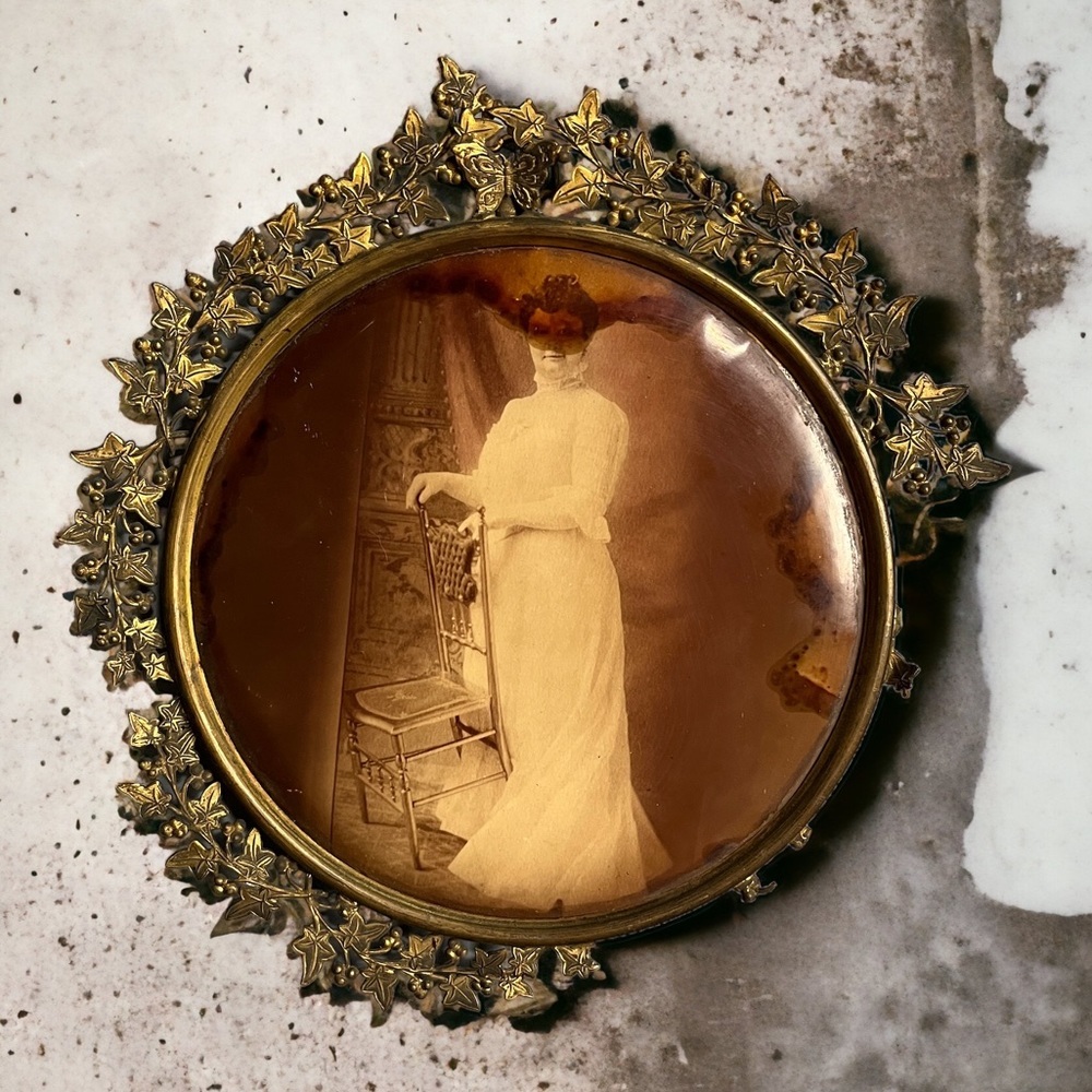 Vintage Brass Frame Tintype Photo of Victorian Lady Antique 1900s Art